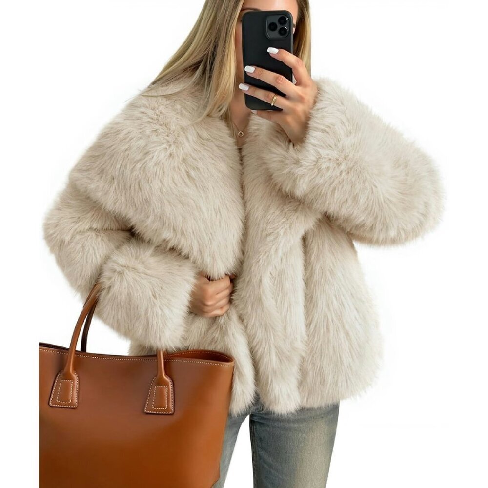 Women's Faux Fur Winter Coat Fluffy Jacket Long Sleeve Pockets Warm Outerwear